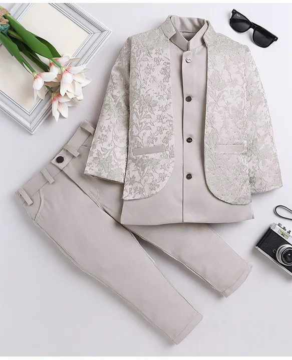 Fourfolds Woven Full Sleeves Solid Sherwani & Pant With Floral Embroidered Jacket Set - Grey